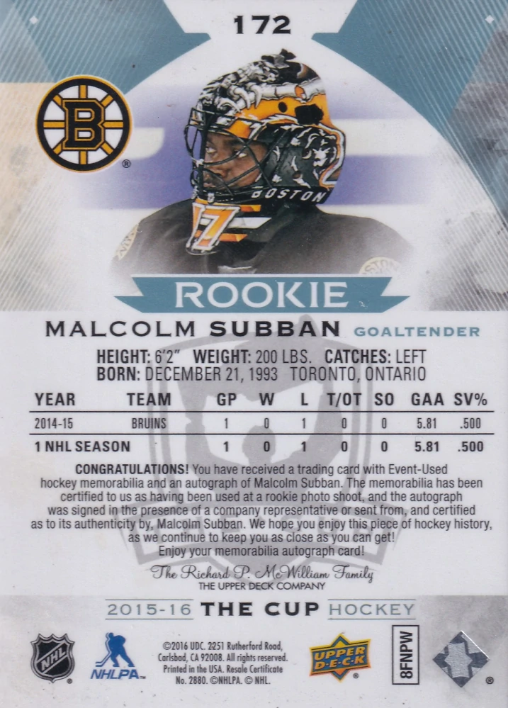 2015-16 UD The Cup - Malcolm Subban - Autographed Rookie Patch /249 #172