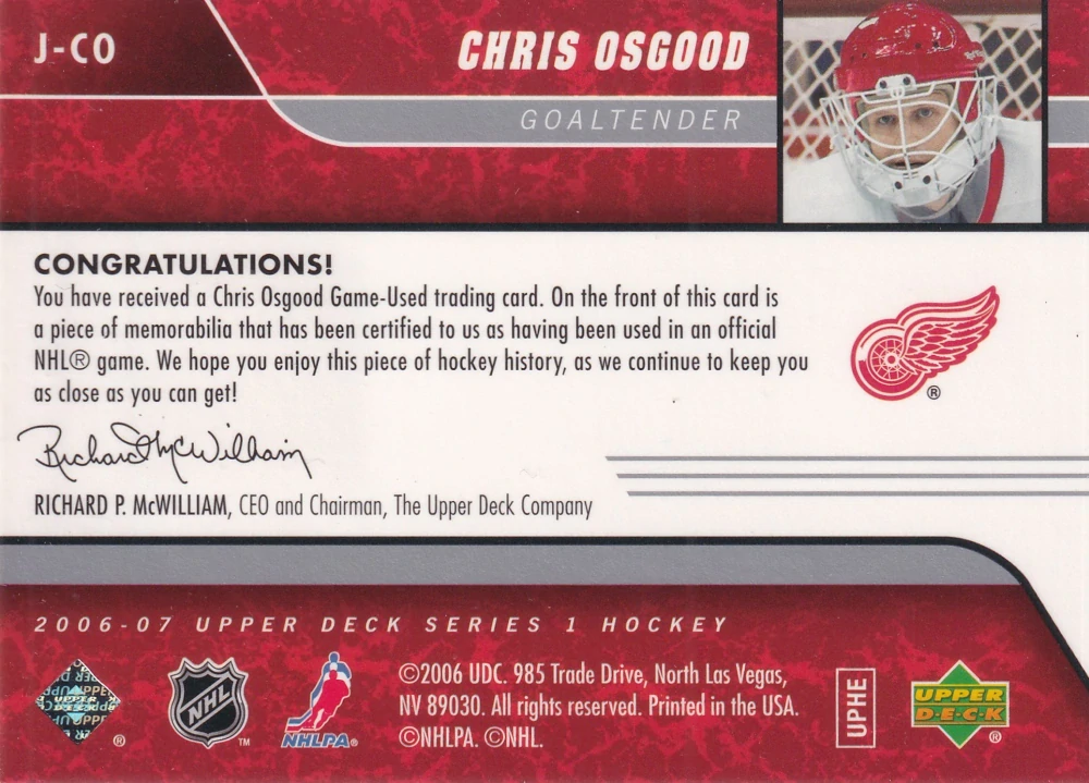 2006-07 UD Series 1 - Chris Osgood - UD Game Jersey #J-CO