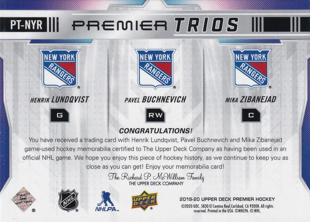 2019-20 UD Premier - Henrik Lundqvist, Pavel Buchnevich, Mika Zibanejad - Premier Trios /49 #PT-NYR