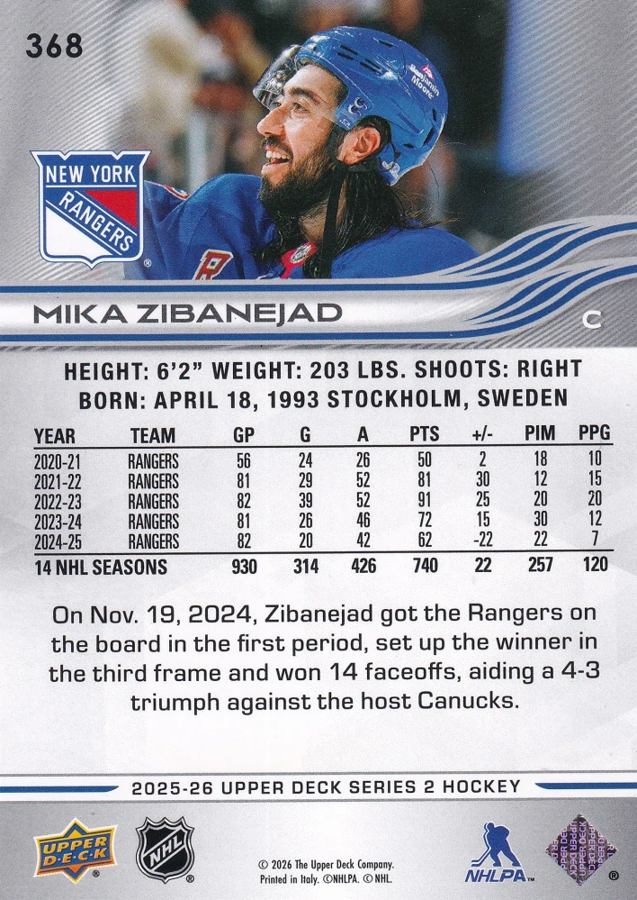 2025-26 UD Series 2 - Mika Zibanejad #368