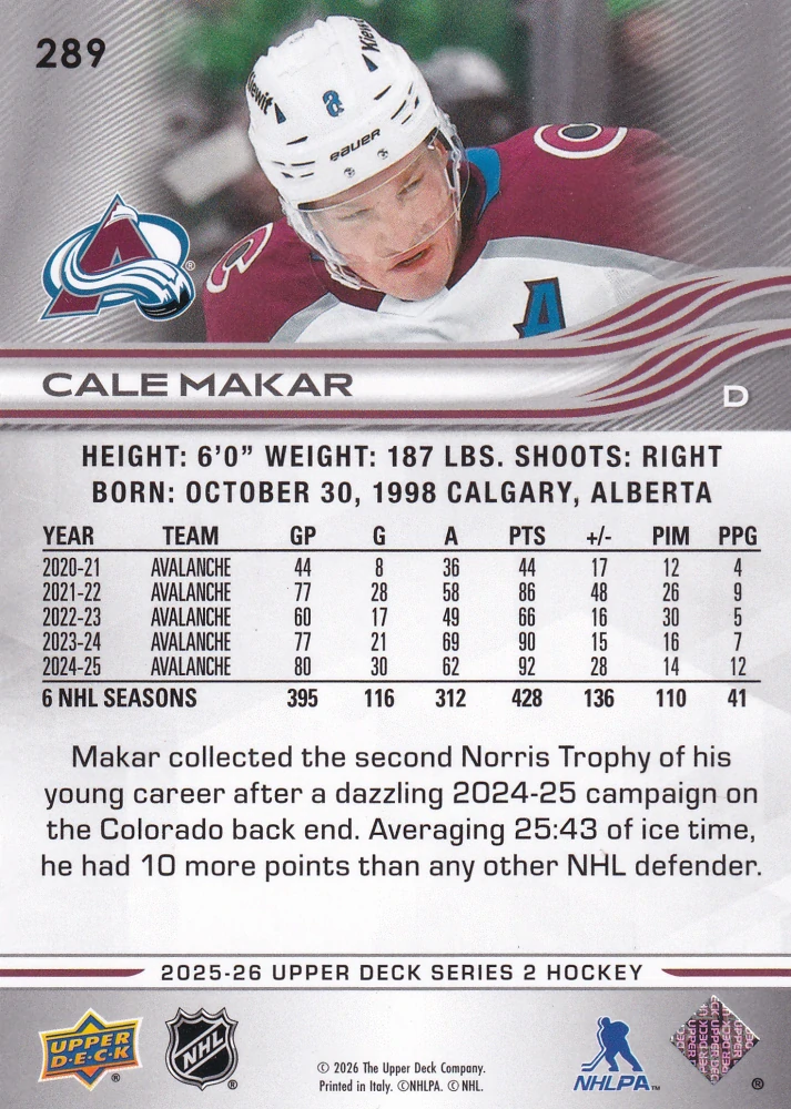 2025-26 UD Series 2 - Cale Makar #289