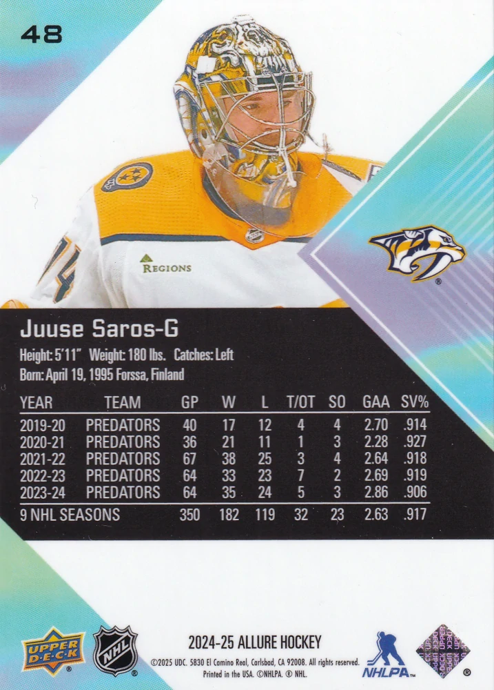 2024-25 UD Allure - Juuse Saros #48