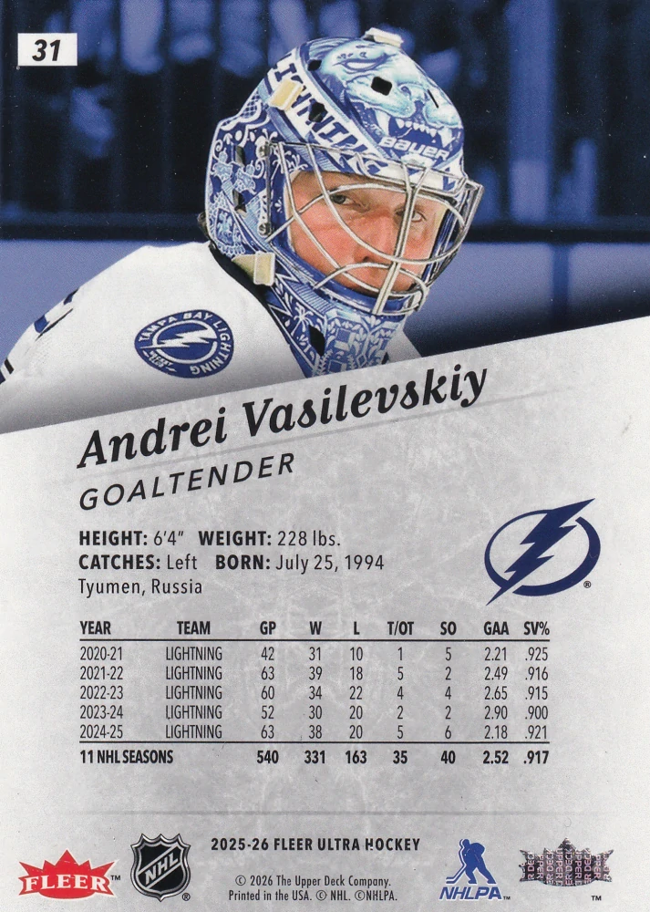 2025-26 UD Fleer Ultra - Andrei Vasilevskiy #31