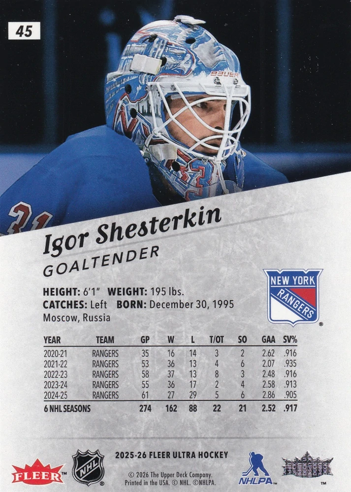 2025-26 UD Fleer Ultra - Igor Shesterkin #45