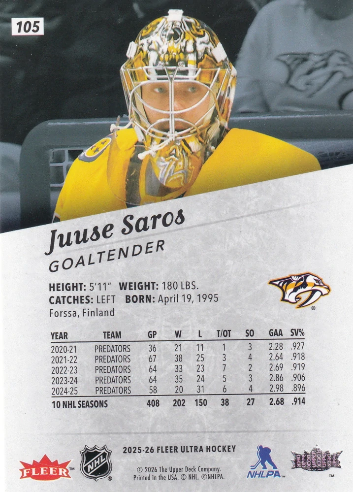 2025-26 UD Fleer Ultra - Juuse Saros #105