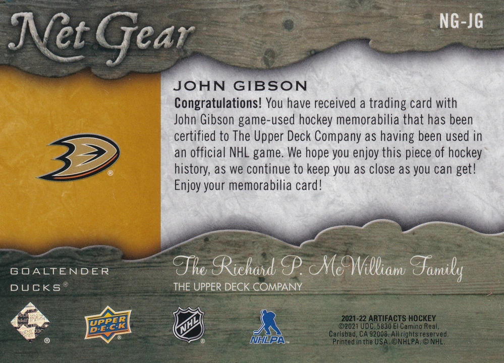 2021-22 UD Artifacts - John Gibson - Net Gear #NG-JG