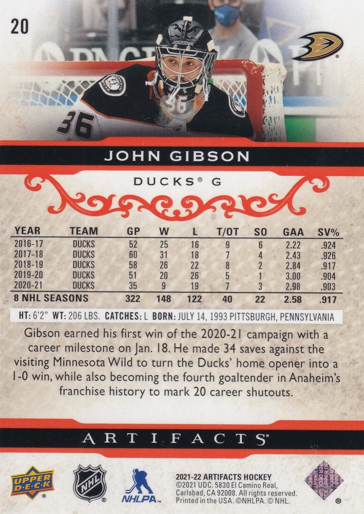 2021-22 UD Artifacts - John Gibson - Ruby /499 #20