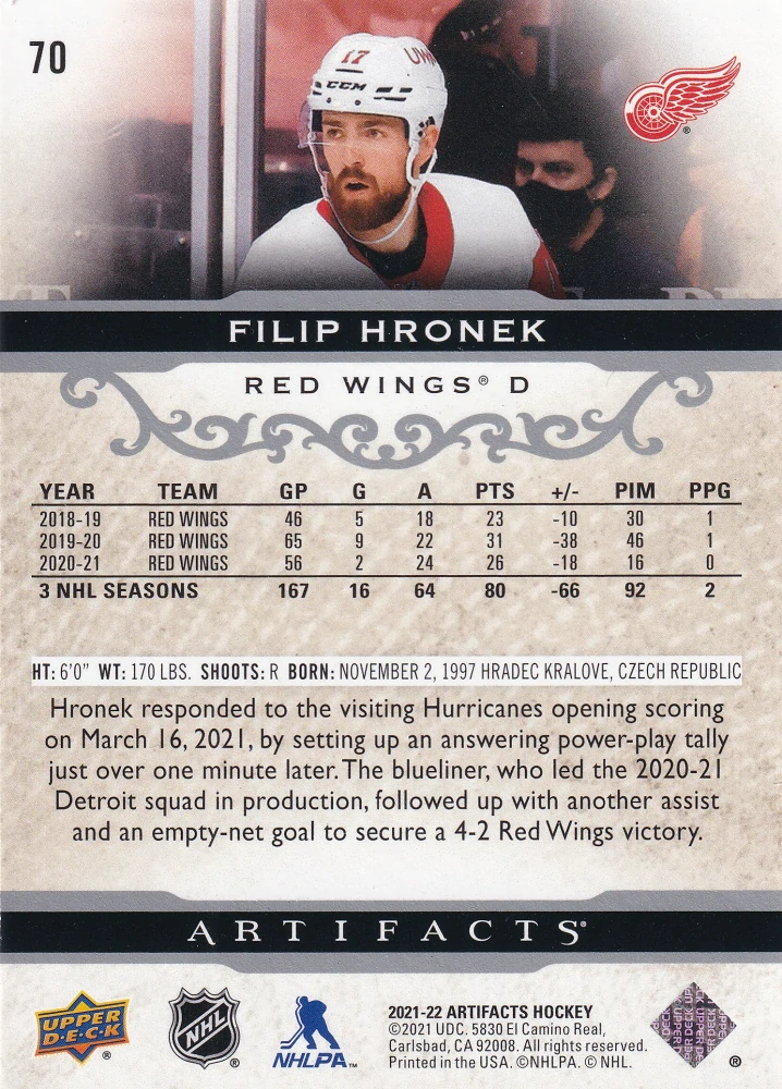 2021-22 UD Artifacts - Filip Hronek #70