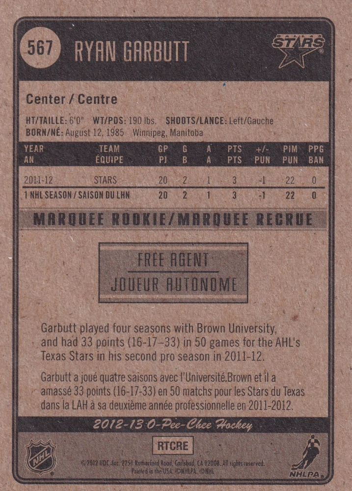 2012-13 UD O-Pee-Chee - Ryan Garbutt - Marquee Rookie #567