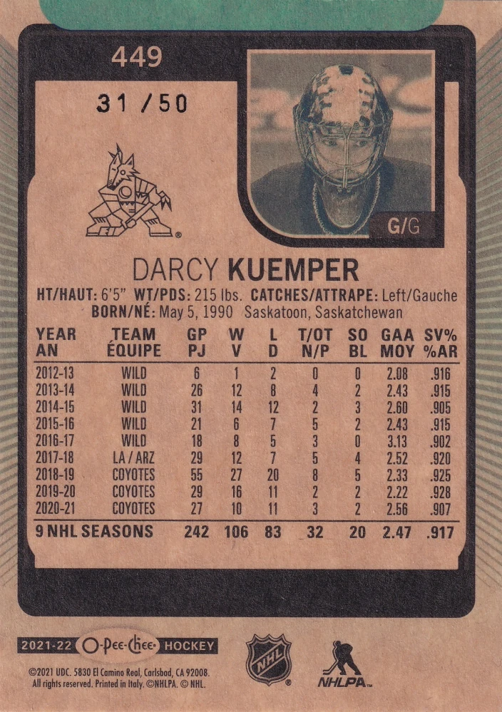 2021-22 UD O-Pee-Chee - Darcy Kuemper - Neon Green Border /50 #449