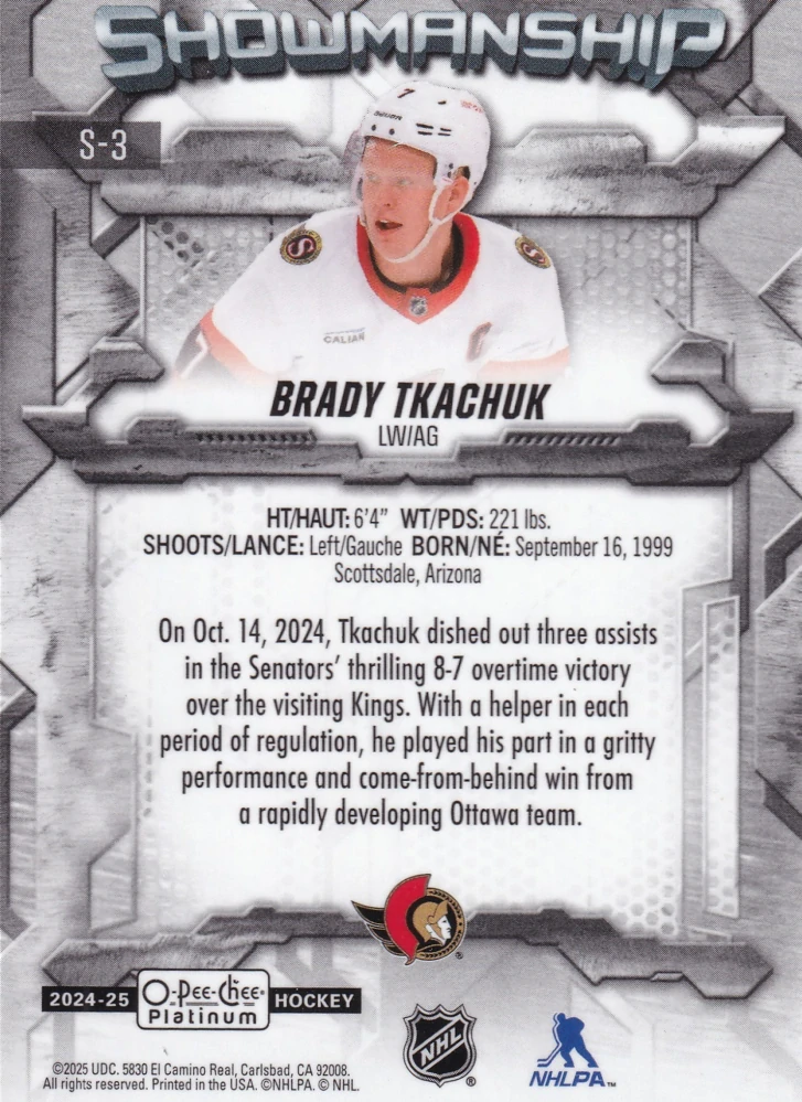 2024-25 UD O-Pee-Chee Platinum - Brady Tkachuk - Showmanship #S-3