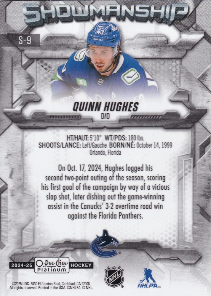 2024-25 UD O-Pee-Chee Platinum - Quinn Hughes - Showmanship #S-9