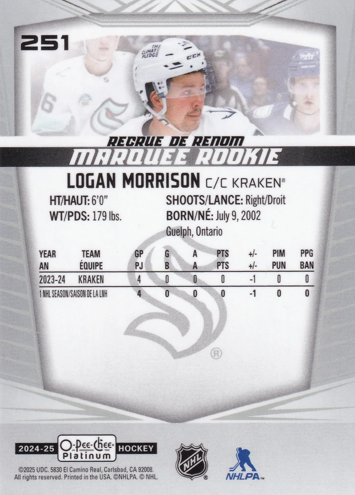 2024-25 UD O-Pee-Chee Platinum - Logan Morrison - Marquee Rookie #251