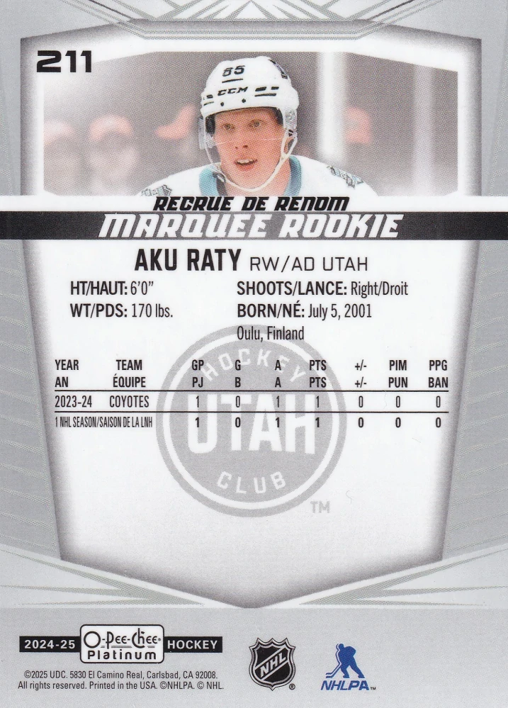 2024-25 UD O-Pee-Chee Platinum - Aku Raty - Marquee Rookie #211