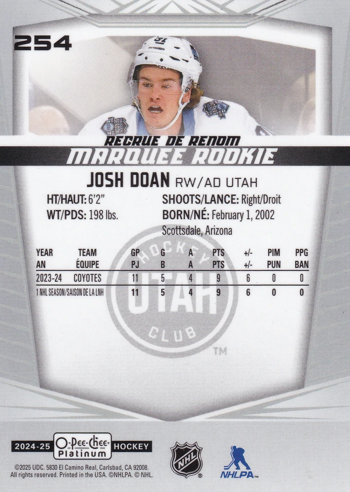 2024-25 UD O-Pee-Chee Platinum - Josh Doan - Marquee Rookie #254