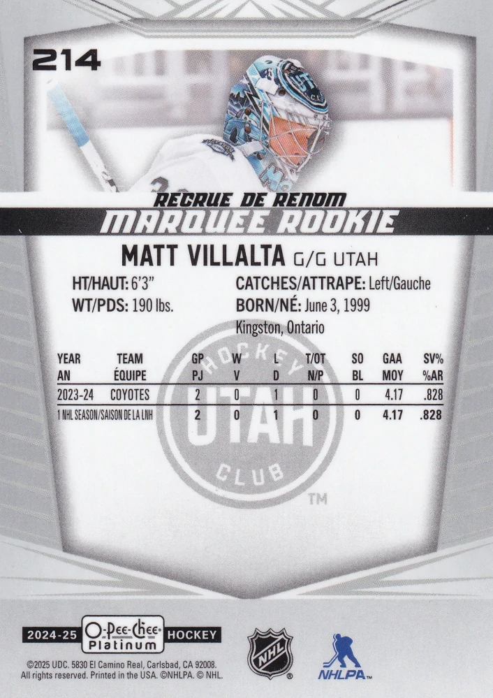 2024-25 UD O-Pee-Chee Platinum - Matt Villalta - Marquee Rookie #214