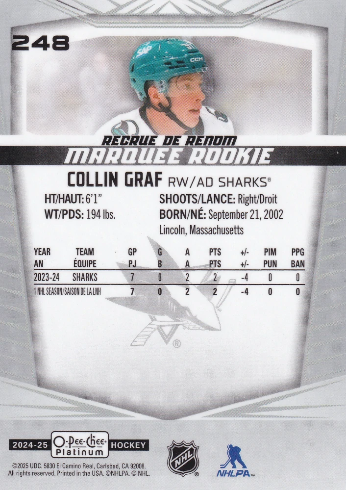 2024-25 UD O-Pee-Chee Platinum - Collin Graf - Marquee Rookie #248