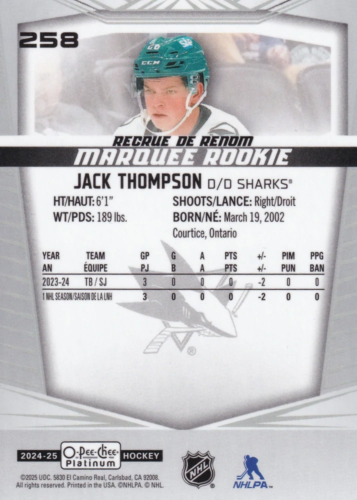 2024-25 UD O-Pee-Chee Platinum - Jack Thompson - Marquee Rookie #258