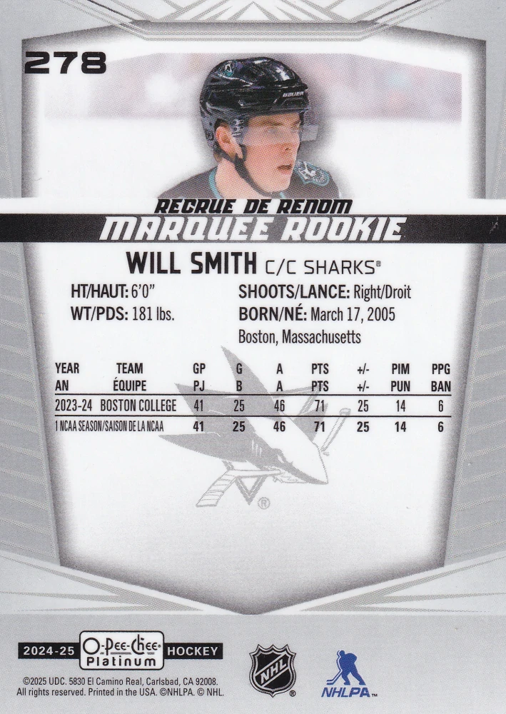 2024-25 UD O-Pee-Chee Platinum - Will Smith - Marquee Rookie #278