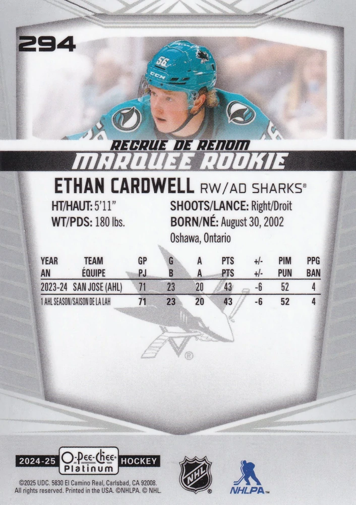 2024-25 UD O-Pee-Chee Platinum - Ethan Cardwell - Marquee Rookie #294