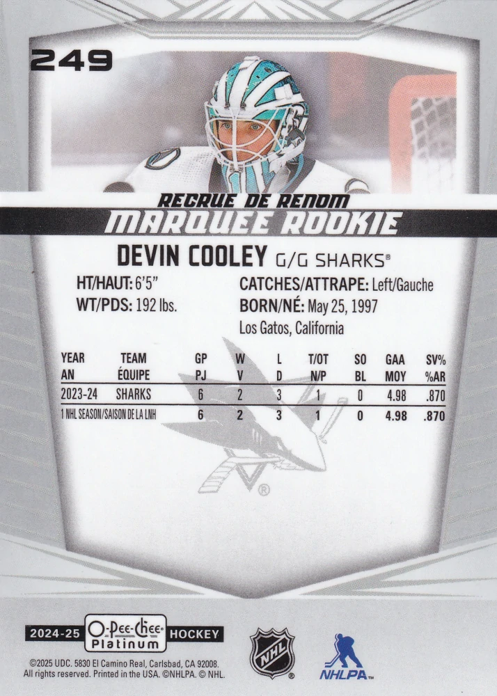 2024-25 UD O-Pee-Chee Platinum - Devin Cooley - Marquee Rookie #249