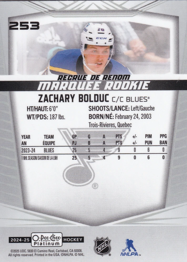 2024-25 UD O-Pee-Chee Platinum - Zachary Bolduc - Marquee Rookie #253