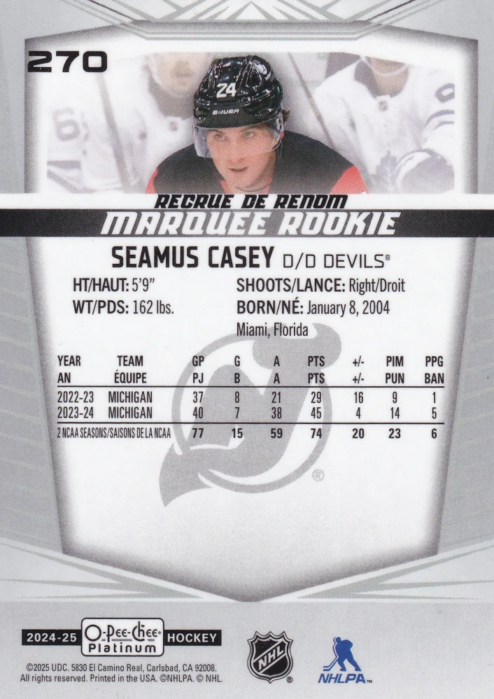 2024-25 UD O-Pee-Chee Platinum - Seamus Casey - Marquee Rookie #270