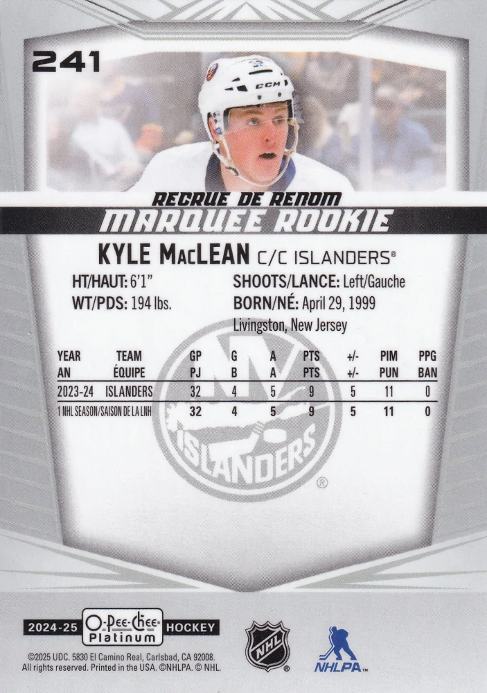 2024-25 UD O-Pee-Chee Platinum - Kyle MacLean - Marquee Rookie #241