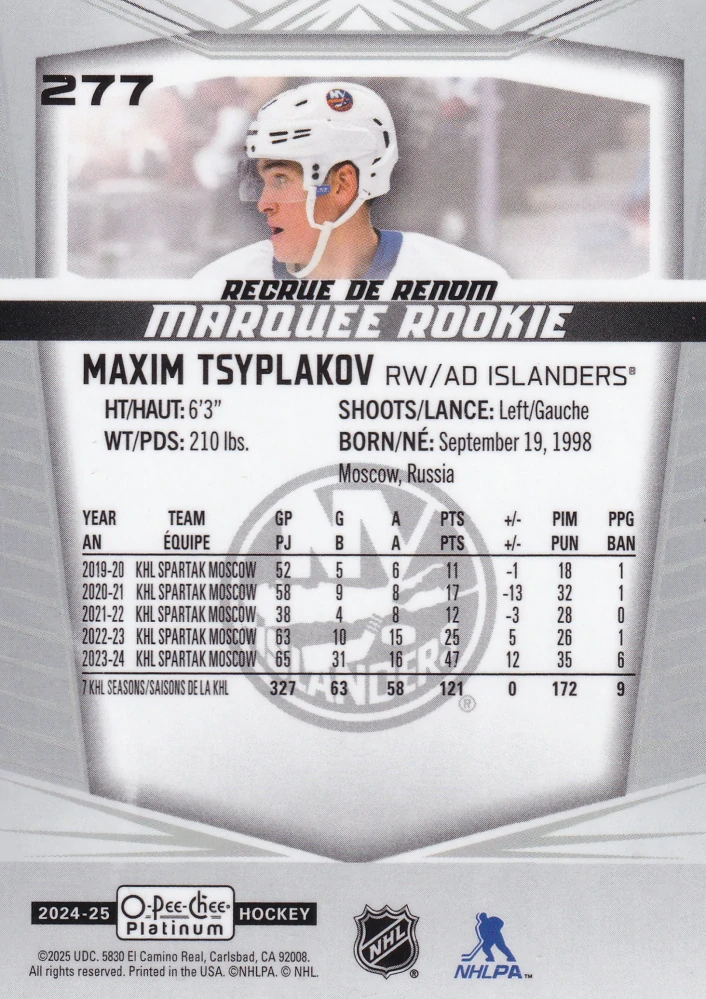 2024-25 UD O-Pee-Chee Platinum - Maxim Tsyplakov - Marquee Rookie #277