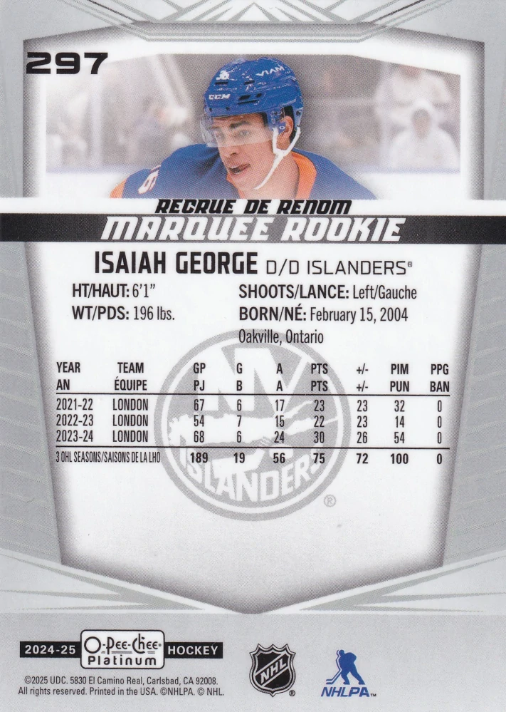 2024-25 UD O-Pee-Chee Platinum - Isaiah George - Marquee Rookie #297