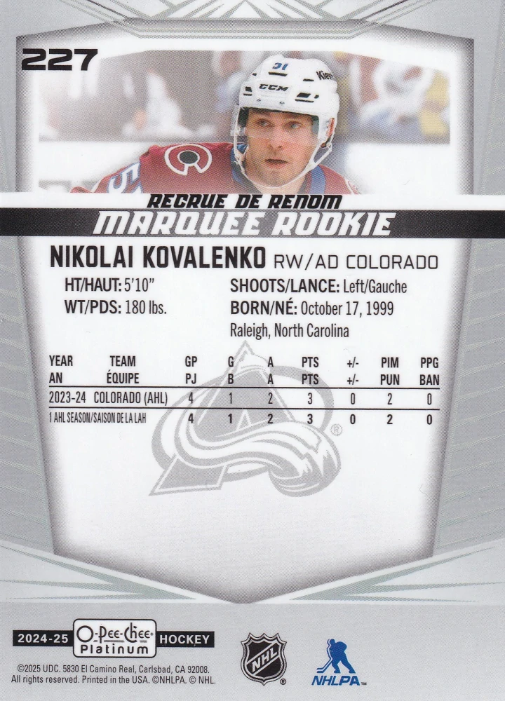 2024-25 UD O-Pee-Chee Platinum - Nikolai Kovalenko - Marquee Rookie #227