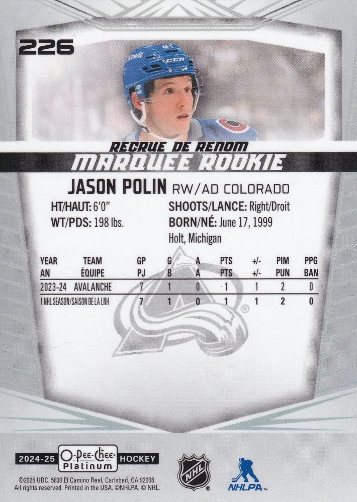 2024-25 UD O-Pee-Chee Platinum - Jason Polin - Marquee Rookie #226