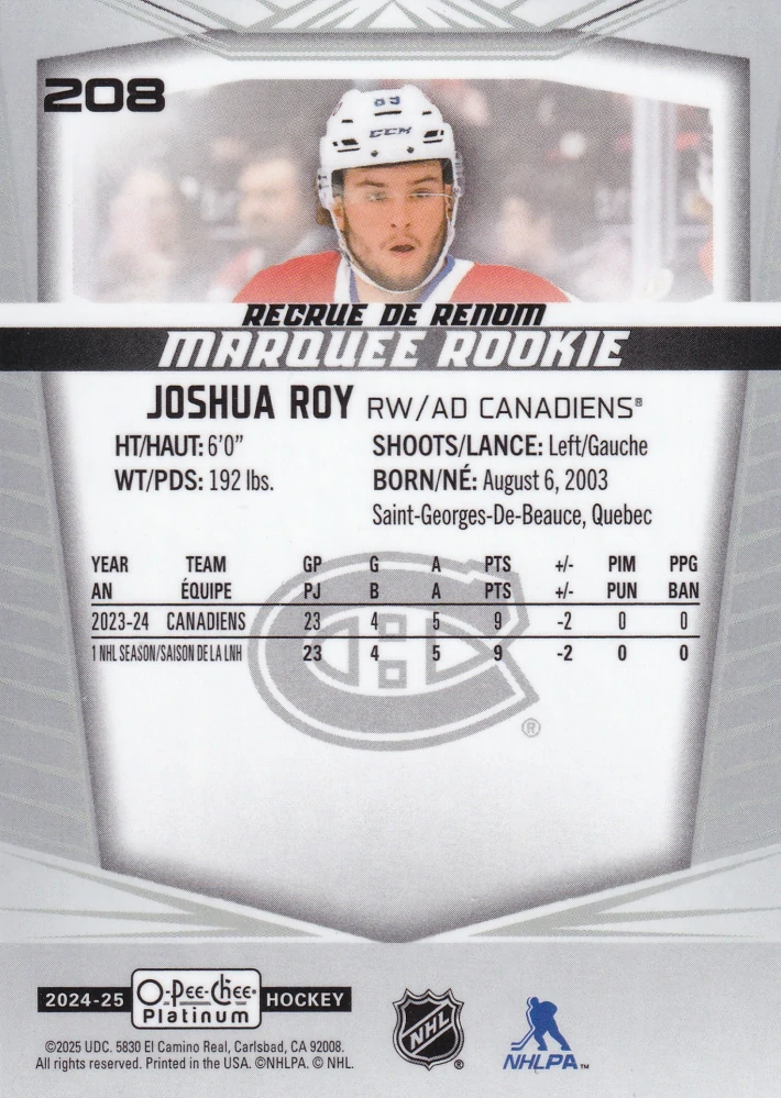 2024-25 UD O-Pee-Chee Platinum - Joshua Roy - Marquee Rookie #208
