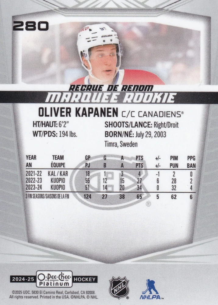 2024-25 UD O-Pee-Chee Platinum - Oliver Kapanen - Marquee Rookie #280