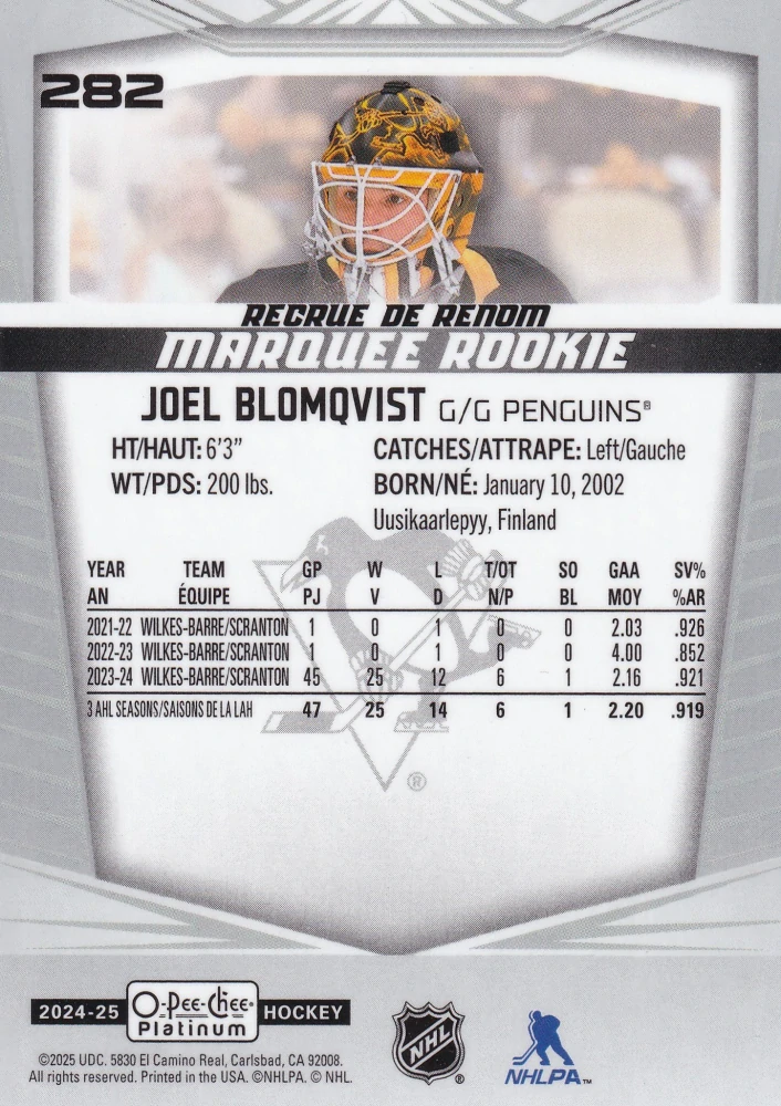 2024-25 UD O-Pee-Chee Platinum - Joel Blomqvist - Marquee Rookie #282