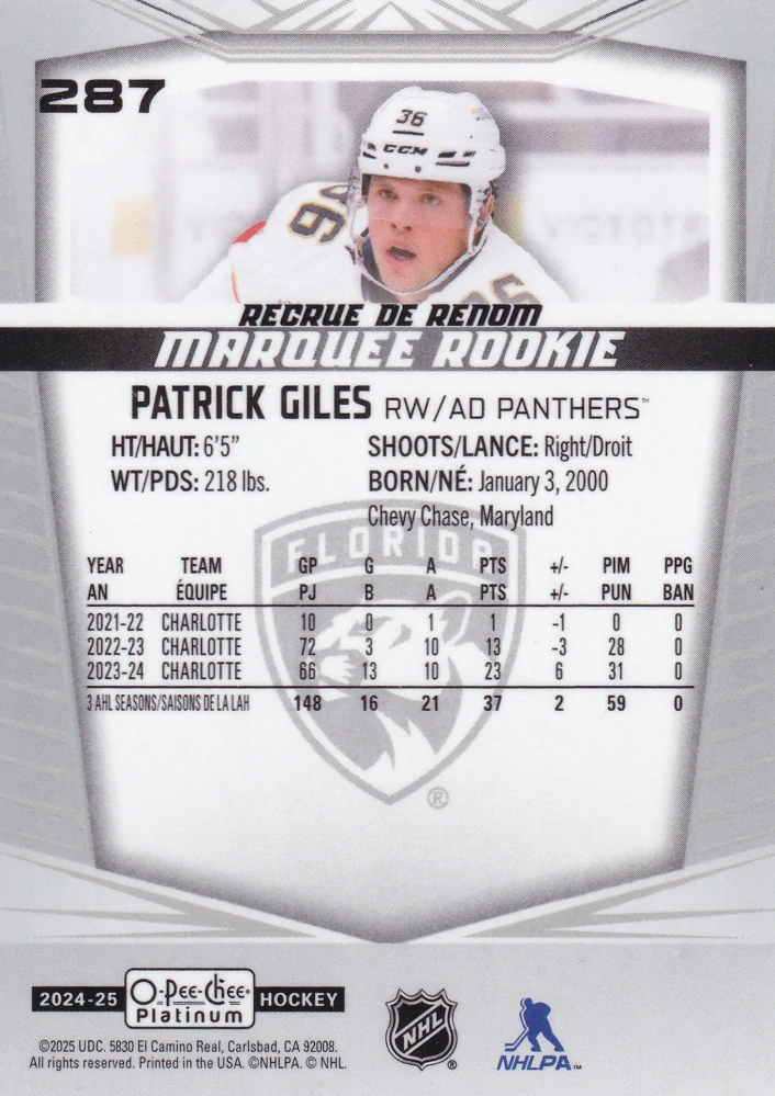 2024-25 UD O-Pee-Chee Platinum - Patrick Giles - Marquee Rookie #287