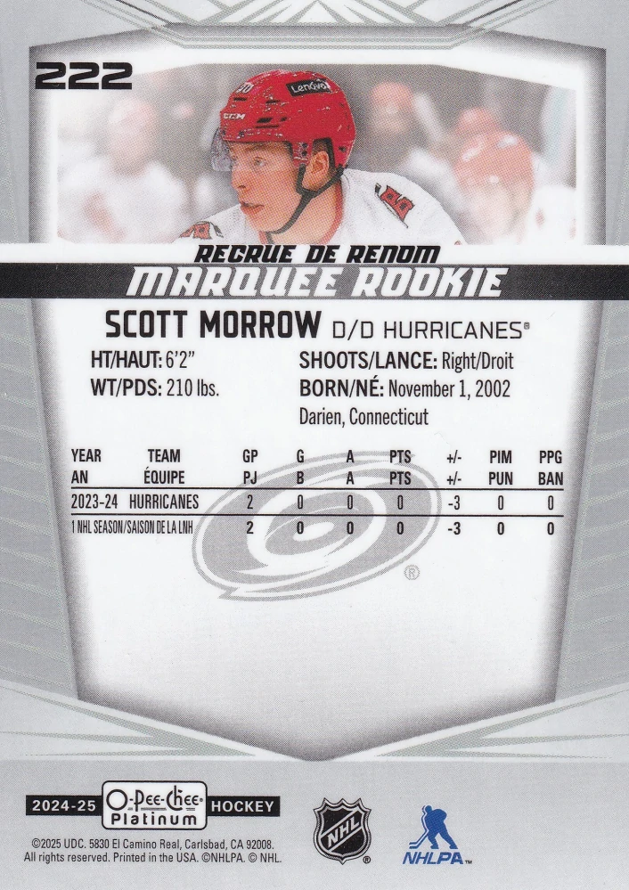 2024-25 UD O-Pee-Chee Platinum - Scott Morrow - Marquee Rookie #222