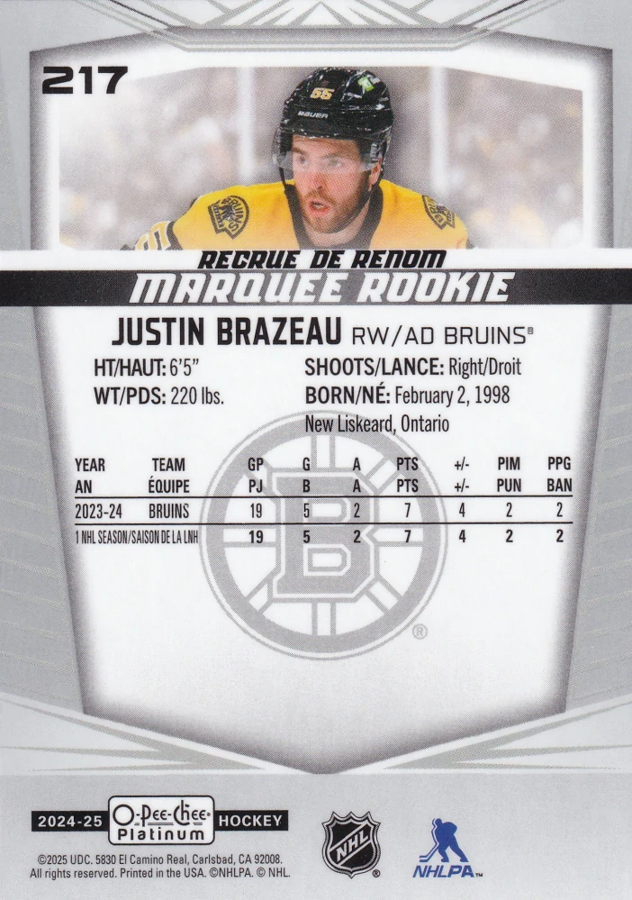 2024-25 UD O-Pee-Chee Platinum - Justin Brazeau - Marquee Rookie #217