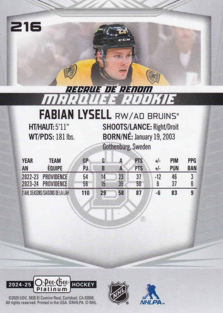 2024-25 UD O-Pee-Chee Platinum - Fabian Lysell - Marquee Rookie #216
