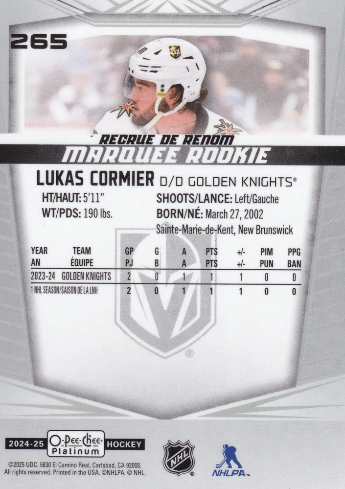 2024-25 UD O-Pee-Chee Platinum - Lukas Cormier - Marquee Rookie #265