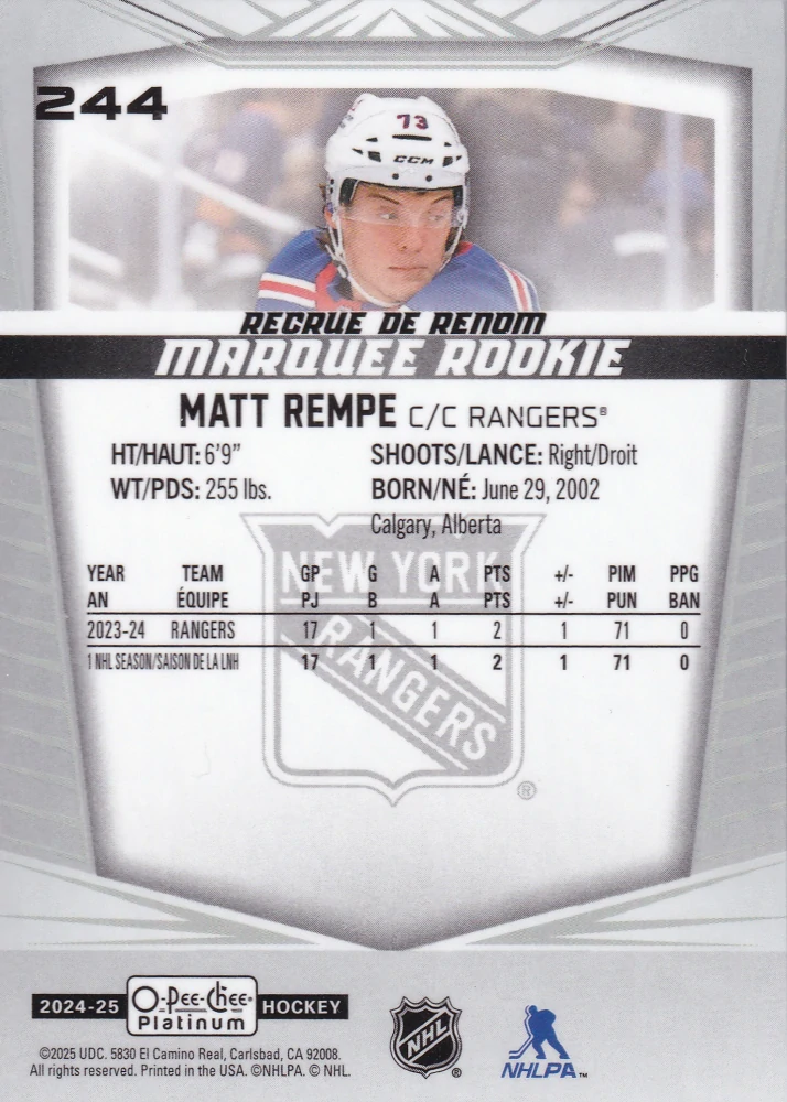 2024-25 UD O-Pee-Chee Platinum - Matt Rempe - Marquee Rookie #244