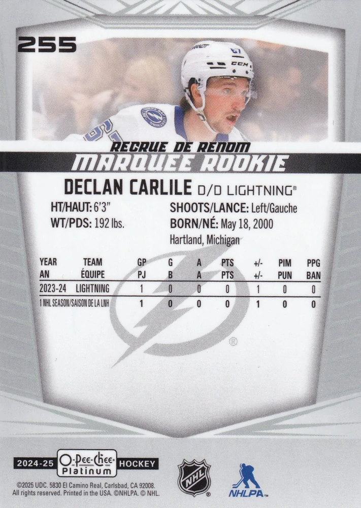 2024-25 UD O-Pee-Chee Platinum - Declan Carlile - Marquee Rookie #255