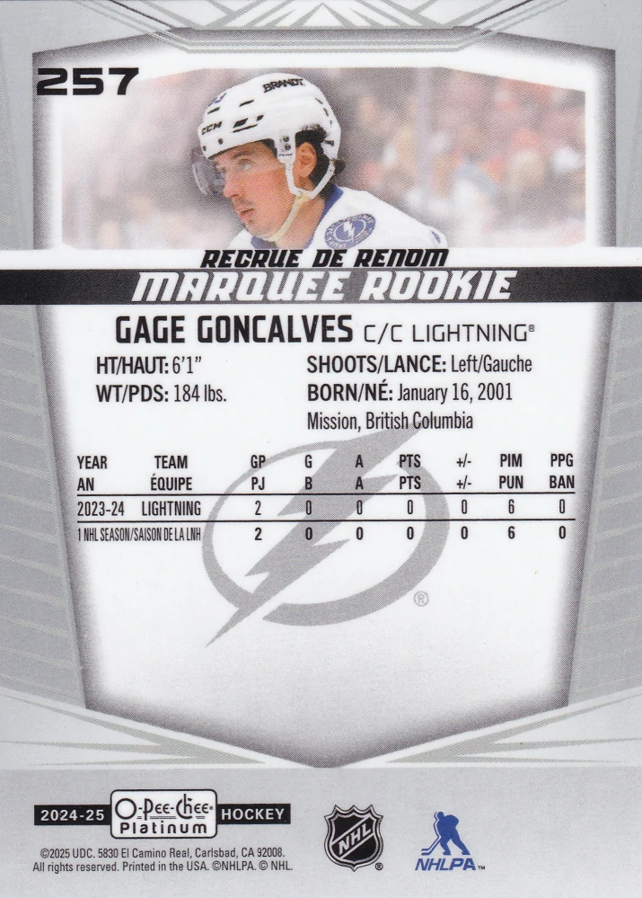 2024-25 UD O-Pee-Chee Platinum - Gage Goncalves - Marquee Rookie #257