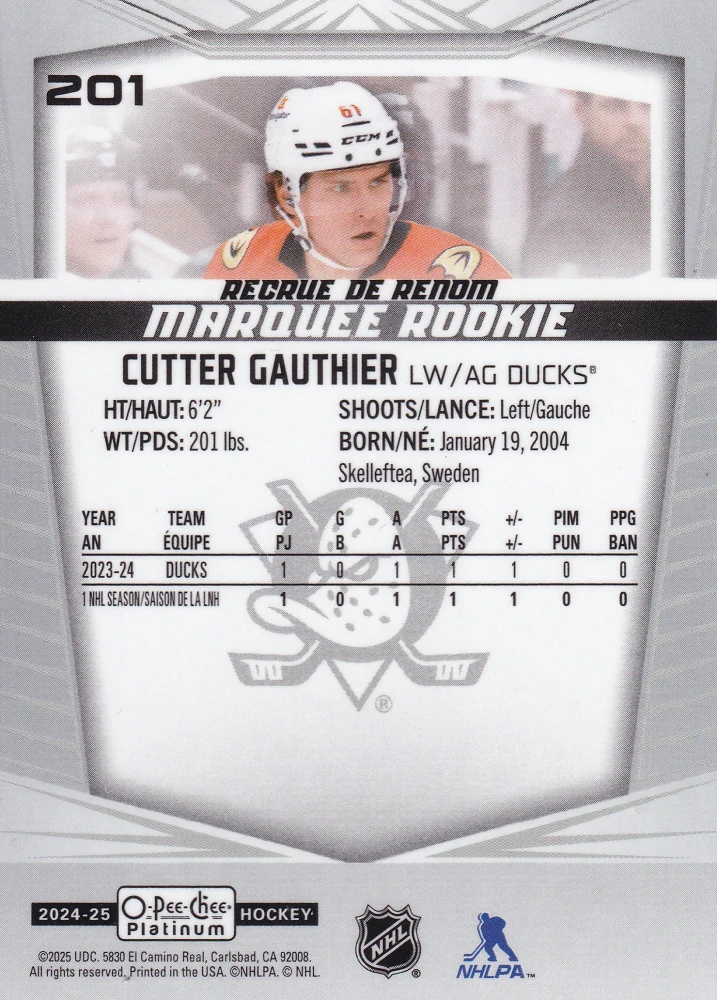 2024-25 UD O-Pee-Chee Platinum - Cutter Gauthier - Marquee Rookie #201