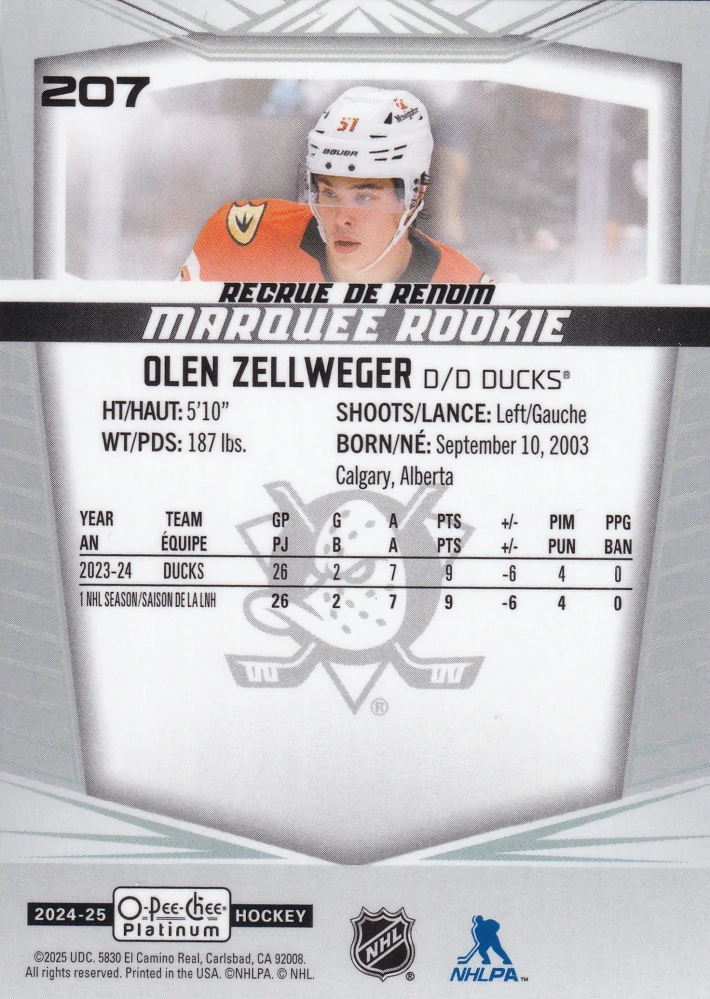 2024-25 UD O-Pee-Chee Platinum - Olen Zellweger - Marquee Rookie #207