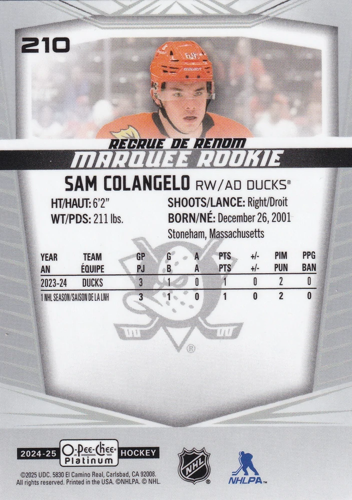 2024-25 UD O-Pee-Chee Platinum - Sam Colangelo - Marquee Rookie #210