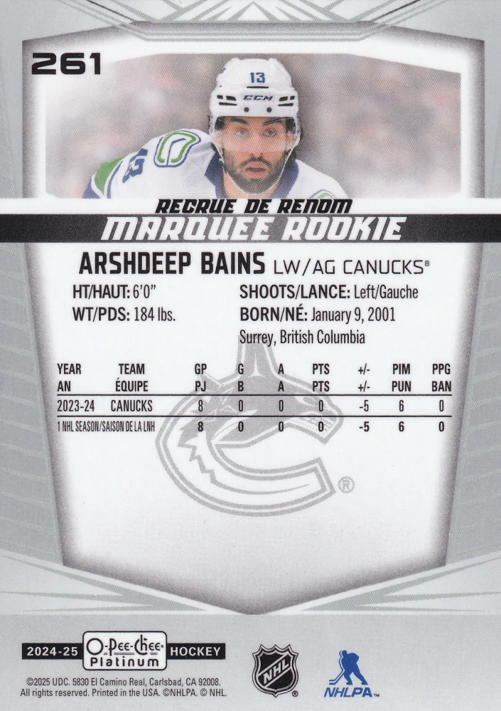 2024-25 UD O-Pee-Chee Platinum - Arshdeep Bains - Marquee Rookie #261