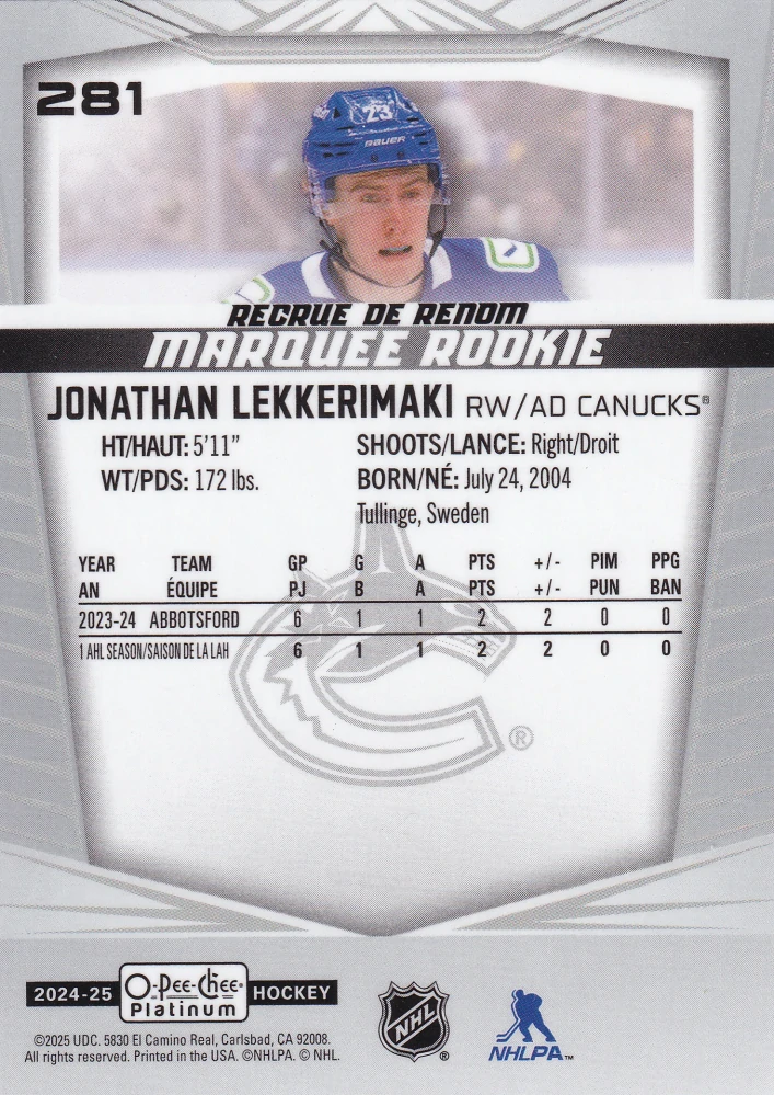 2024-25 UD O-Pee-Chee Platinum - Jonathan Lekkerimaki - Marquee Rookie #281