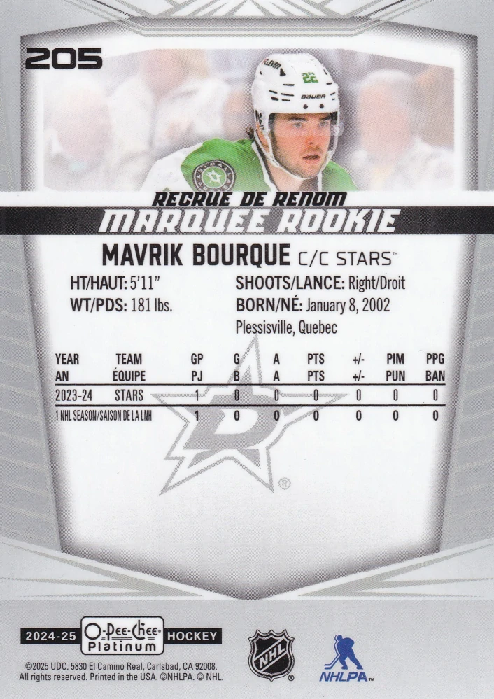 2024-25 UD O-Pee-Chee Platinum - Mavrik Bourque - Marquee Rookie #205