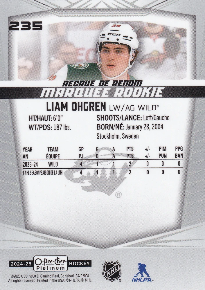 2024-25 UD O-Pee-Chee Platinum - Liam Ohgren - Marquee Rookie #235